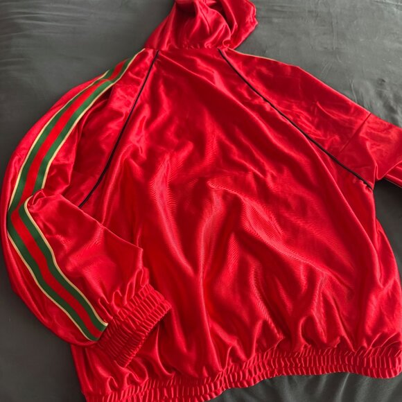NWT Gucci Shiny Jersey Hooded Web Stripe Sweatshirt - Red - Picture 3 of 7